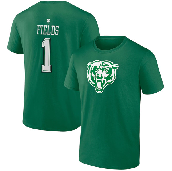 Men's Chicago Bears #1 Justin Fields Green St. Patrick's Day Icon Player T-Shirt - Click Image to Close